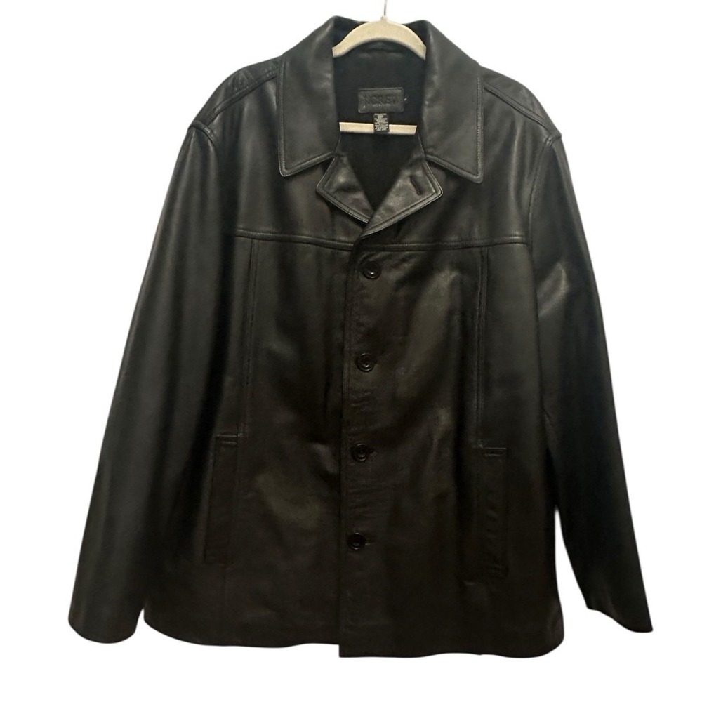 J. Crew Men's Heavyweight 100% Leather Jacket Black Sz XL‎ Wool Lined Car Coat
